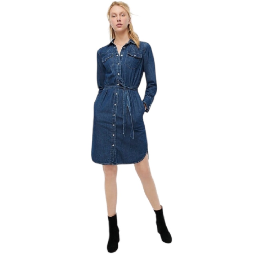J.Crew Denim Shirtdress Snap Front Tie Waist Mini Dress Size 8